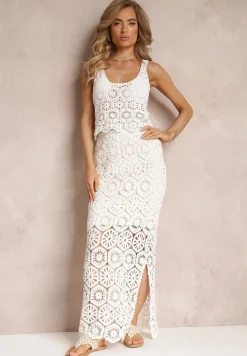 Biała Spódnica Maxi z Szydełkowej Tkaniny Jeslira