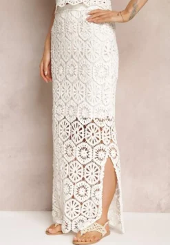 Biała Spódnica Maxi z Szydełkowej Tkaniny Jeslira
