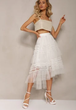 Biała Spódnica Rozkloszowana z Falbankami i Siateczką Solowai