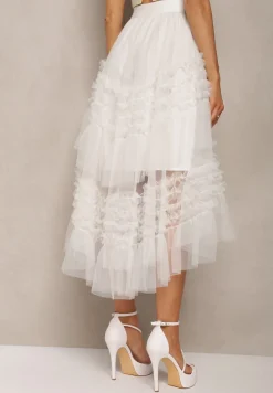 Biała Spódnica Rozkloszowana z Falbankami i Siateczką Solowai