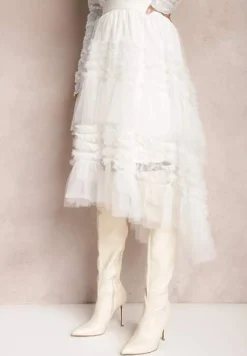 Biała Spódnica Rozkloszowana z Falbankami i Siateczką Solowai