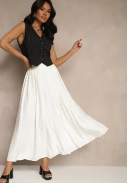 Biała Spódnica z Plisami Wiskozowa o Rozkloszowanym Kroju Clariae