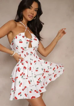 Biała Sukienka Halter o Rozkloszowanym Kroju z Falbanami w Wisienki Lanelora