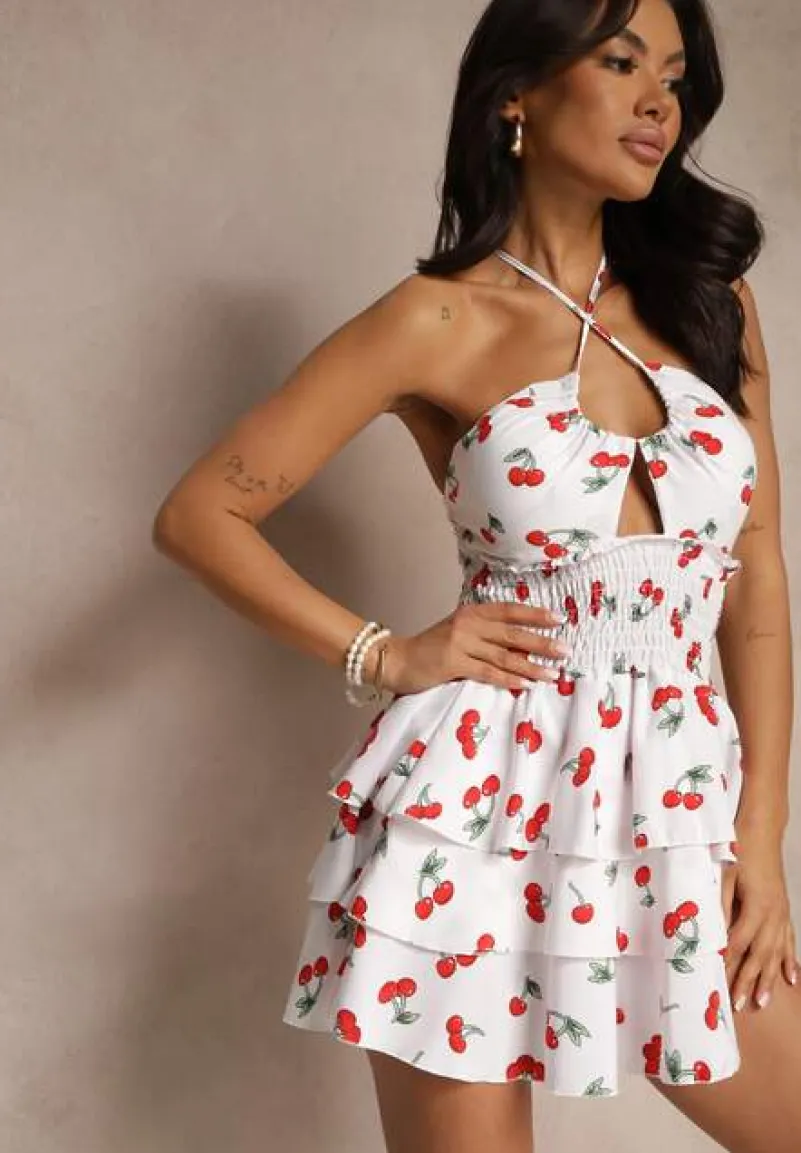 Biała Sukienka Halter o Rozkloszowanym Kroju z Falbanami w Wisienki Lanelora