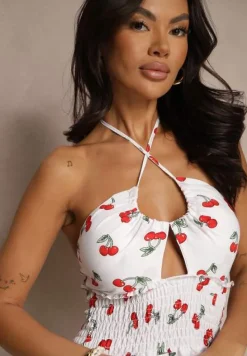 Biała Sukienka Halter o Rozkloszowanym Kroju z Falbanami w Wisienki Lanelora