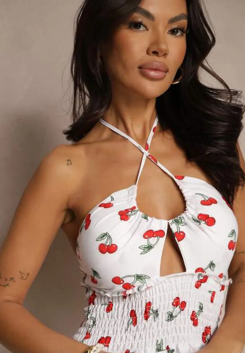 Biała Sukienka Halter o Rozkloszowanym Kroju z Falbanami w Wisienki Lanelora