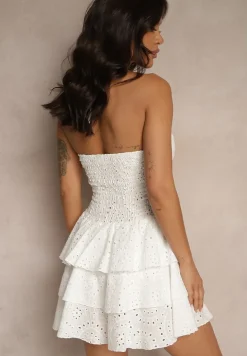 Biała Sukienka Halter z Bawełnianej Haftowanej Tkaniny Zdobiona Falbanami Filaritia
