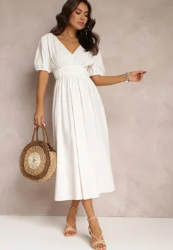 Biała Sukienka Midi z Gumką w Talii ze Skrzyżowanymi Paskami na Plecach Jorlyn