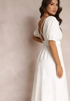 Biała Sukienka Midi z Gumką w Talii ze Skrzyżowanymi Paskami na Plecach Jorlyn