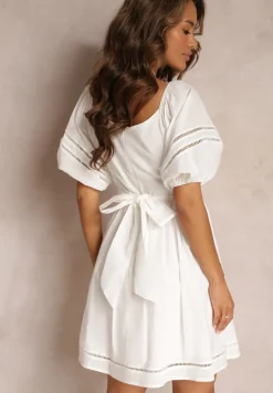 Biała Sukienka Mini z Bufiastymi Rękawami z Lnu i Bawełny Lynla