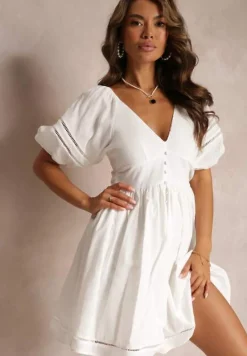 Biała Sukienka Mini z Bufiastymi Rękawami z Lnu i Bawełny Lynla