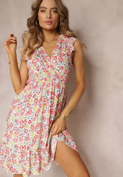 Biała Sukienka Rozkloszowana w Kwiaty z Wiskozy Selesima