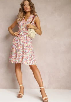 Biała Sukienka Rozkloszowana w Kwiaty z Wiskozy Selesima