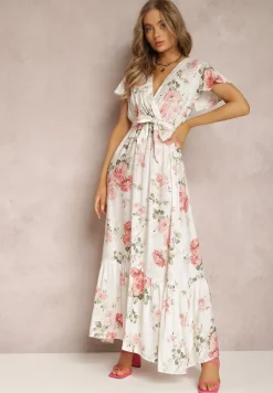Biała Sukienka w Kwiaty o Kopertowym Kroju z Wiązanym Paskiem Iphene
