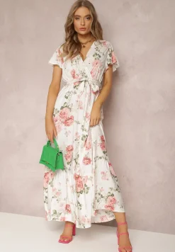 Biała Sukienka w Kwiaty o Kopertowym Kroju z Wiązanym Paskiem Iphene