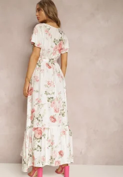 Biała Sukienka w Kwiaty o Kopertowym Kroju z Wiązanym Paskiem Iphene