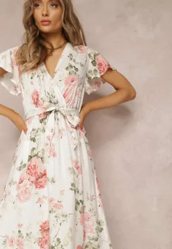 Biała Sukienka w Kwiaty o Kopertowym Kroju z Wiązanym Paskiem Iphene