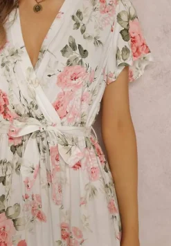 Biała Sukienka w Kwiaty o Kopertowym Kroju z Wiązanym Paskiem Iphene