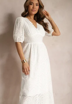 Biała Sukienka z Bawełny o Haftowanym Wykończeniu z Gumką w Talii Lomeda