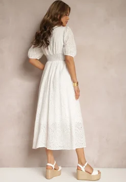 Biała Sukienka z Bawełny o Haftowanym Wykończeniu z Gumką w Talii Lomeda