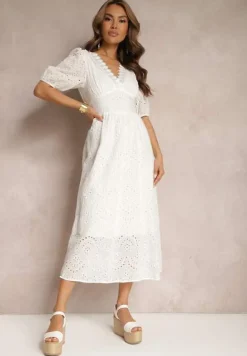 Biała Sukienka z Bawełny o Haftowanym Wykończeniu z Gumką w Talii Lomeda