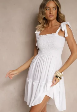 Biała Sukienka z Bawełny Ozdobiona Wiązaniem Tollasea