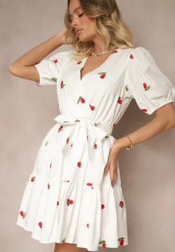 Biała Sukienka z Bawełny w Wisienki z Gumką w Talii Axona