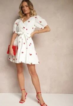 Biała Sukienka z Bawełny w Wisienki z Gumką w Talii Axona