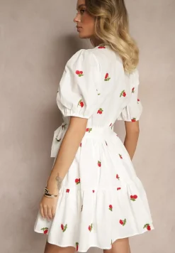 Biała Sukienka z Bawełny w Wisienki z Gumką w Talii Axona