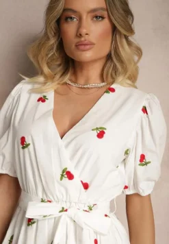 Biała Sukienka z Bawełny w Wisienki z Gumką w Talii Axona