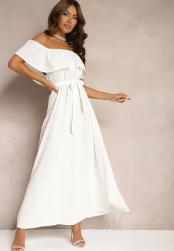 Biała Sukienka z Hiszpańskim Dekoltem i Dodatkiem Bawełny z Gumką i Paskiem w Talii Vimasine