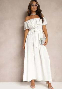 Biała Sukienka z Hiszpańskim Dekoltem i Dodatkiem Bawełny z Gumką i Paskiem w Talii Vimasine