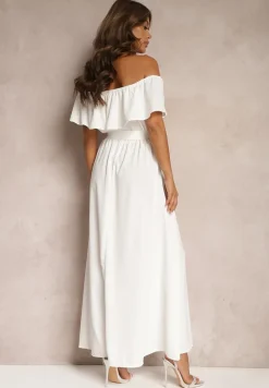 Biała Sukienka z Hiszpańskim Dekoltem i Dodatkiem Bawełny z Gumką i Paskiem w Talii Vimasine