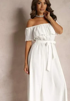 Biała Sukienka z Hiszpańskim Dekoltem i Dodatkiem Bawełny z Gumką i Paskiem w Talii Vimasine