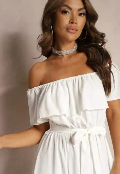 Biała Sukienka z Hiszpańskim Dekoltem i Dodatkiem Bawełny z Gumką i Paskiem w Talii Vimasine