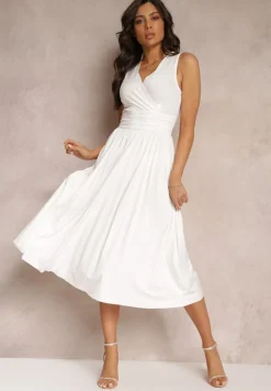 Biała Sukienka z Kopertowym Dekoltem i Plisowanym Dołem Anamarie