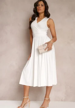 Biała Sukienka z Kopertowym Dekoltem i Plisowanym Dołem Anamarie