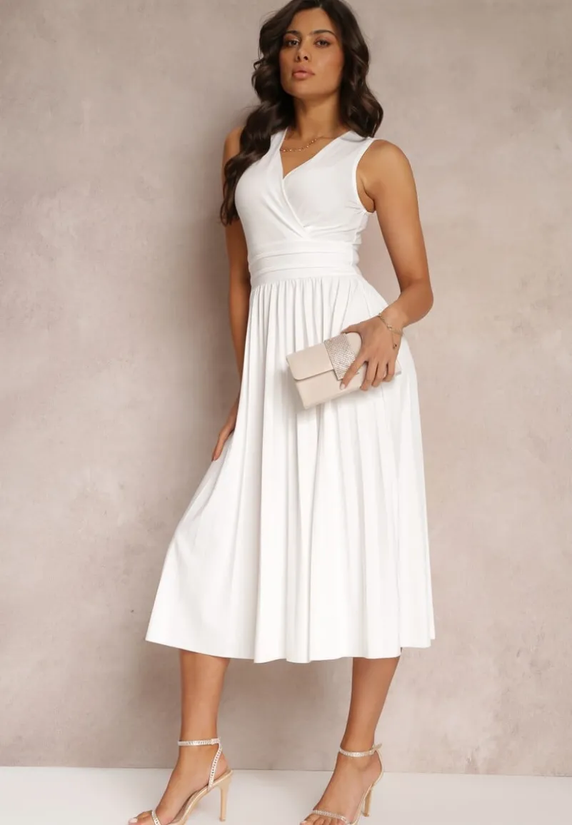 Biała Sukienka z Kopertowym Dekoltem i Plisowanym Dołem Anamarie
