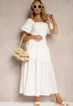 Biała Sukienka z Marszczeniem i Wiskozą Ozdobiona Bufiastymi Rękawami i Falbanką Monvia