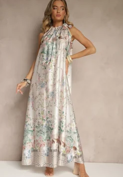 Biała Sukienka z Satyny Zdobiona Kwiatowym Wzorem i Wiązaniem Fenalesa