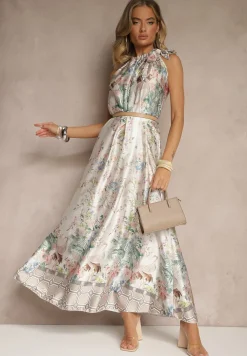 Biała Sukienka z Satyny Zdobiona Kwiatowym Wzorem i Wiązaniem Fenalesa