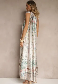 Biała Sukienka z Satyny Zdobiona Kwiatowym Wzorem i Wiązaniem Fenalesa