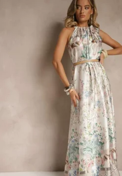 Biała Sukienka z Satyny Zdobiona Kwiatowym Wzorem i Wiązaniem Fenalesa