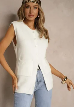 Biała Sweterkowa Kamizelka z Wełną na Guziki Haliriela