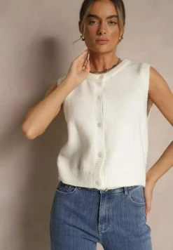 Biała Sweterkowa Kamizelka z Wełną na Guziki Eralina