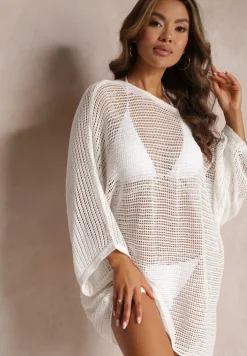 Biała Szydełkowa Narzutka Tunika z Szerokim Rękawem Narley