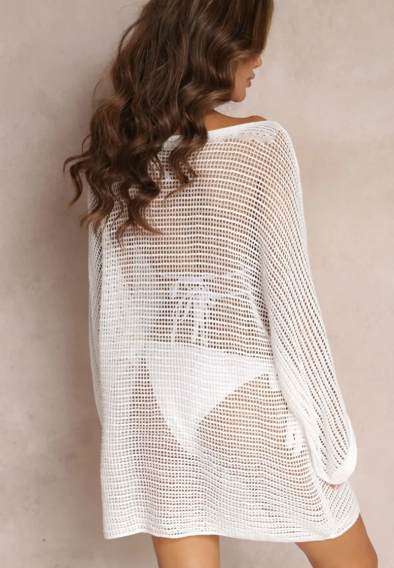 Biała Szydełkowa Narzutka Tunika z Szerokim Rękawem Narley