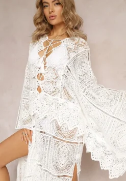 Biała Szydełkowa Sukienka Maxi z Wycięciami i Wiązaniem Upenna