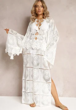 Biała Szydełkowa Sukienka Maxi z Wycięciami i Wiązaniem Upenna