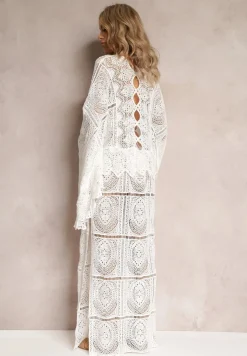 Biała Szydełkowa Sukienka Maxi z Wycięciami i Wiązaniem Upenna